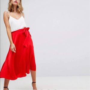 ASOS • red satin midi skirt NWOT